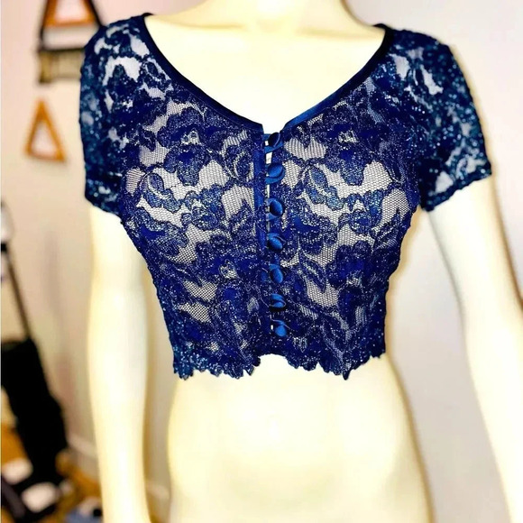 VINTAGE ROBERTA EINER ROYAL BLUE SHEER SPARKLING LACE CROP WITH BUTTONS SIZE M - Picture 1 of 16